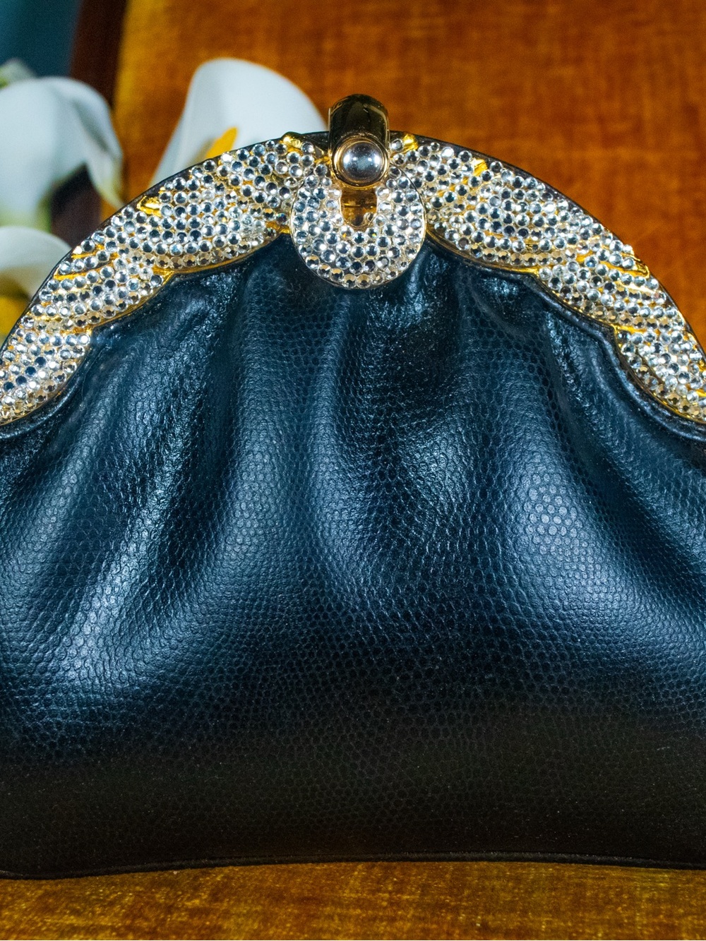 Black Evening Clutch with Gold Crystal Frame